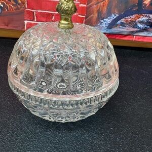 Vintage Indiana glass candy dish with brass acorn